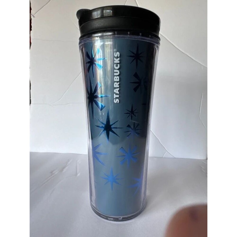 Starbucks 2011 Holiday Starburst Tumbler 12 oz Blue Flip Lid Travel Mug